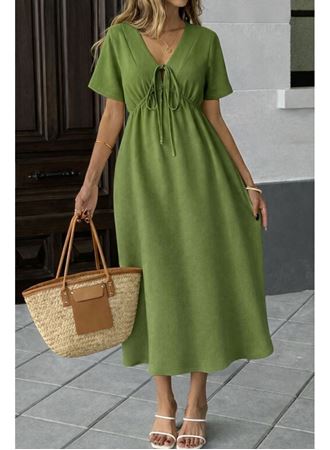 Kadın V Yaka Büzgülü Ip Detay Aerobin Kumaş Elbise