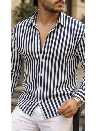 Erkek Dikey Çizgili Yarım Oversize Gömlek