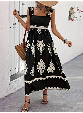 Kadın Askılı Kare Yaka Gipe Detaylı Desenli Suprem Elbise