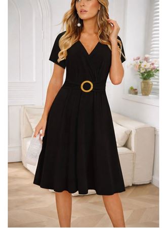 Kadın Kısa Kollu Kruvaze Yakalı önden Toka Detaylı Kısa Viskon Elbise