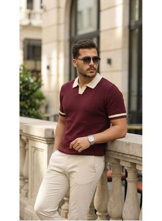 Erkek Renkli Yakalı File Desenli Kısa Kollu Tişört