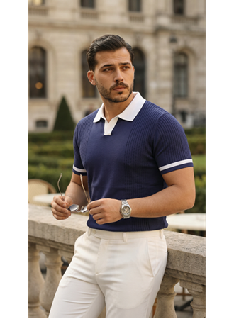 Erkek Renkli Yakalı File Desenli Kısa Kollu Tişört