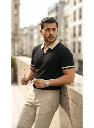 Erkek Renkli Yakalı File Desenli Kısa Kollu Tişört