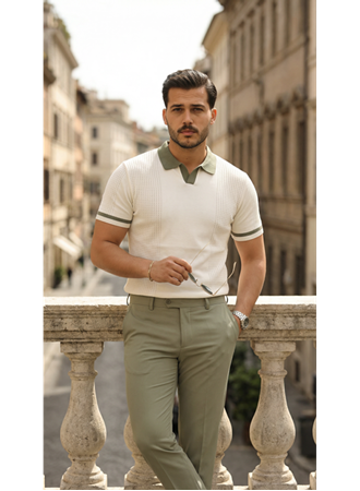 Erkek Renkli Yakalı File Desenli Kısa Kollu Tişört