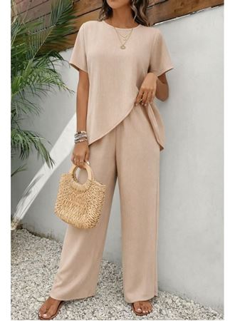 Kadın Kısa Kollu Bisiklet Yaka Asimetrik Kesim Detaylı Bürümcük Bluz Ve Pantolon Ikili Takım