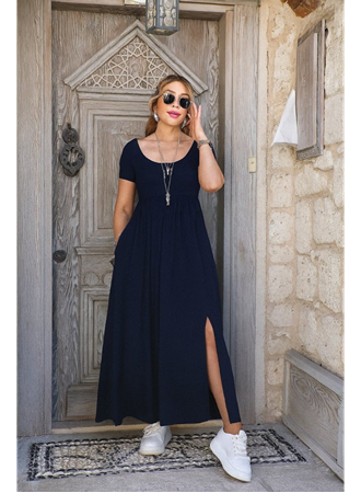 Kadın Kısa Kollu Yuvarlak Yaka önden Yırtmaçlı Cepli Viskon Uzun Elbise