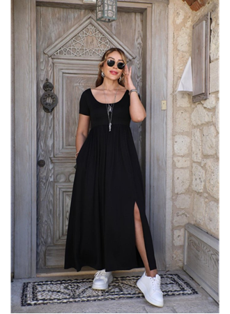 Kadın Kısa Kollu Yuvarlak Yaka önden Yırtmaçlı Cepli Viskon Uzun Elbise