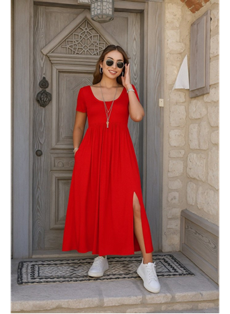 Kadın Kısa Kollu Yuvarlak Yaka önden Yırtmaçlı Cepli Viskon Uzun Elbise