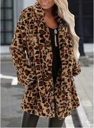 Kadın Uzun Kollu Yakalı Cepli Kısa Peluş Leopar Kaban