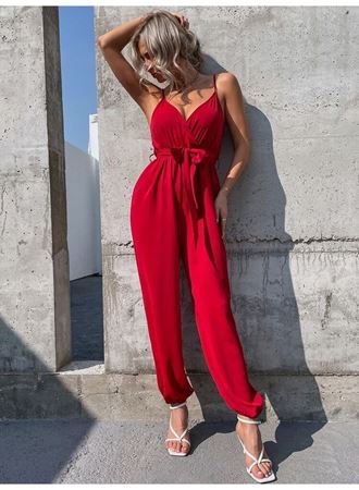 Kadın Ip Askılı Kruvaze Yakalı Belden Kuşaklı Uzun Sandy Tulum