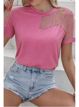 Kadın Kısa Kollu Tül Detaylı Taşlı Janjan Krep Bluz