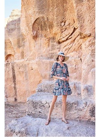 Etnik Desenli Truvakar Kollu V Yaka Elbise