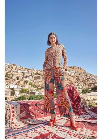 Etnik Desenli Saten Alt Üst Takım