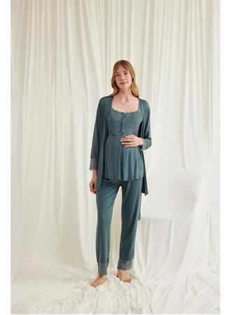 Dantelli Önü Düğmeli Hamile Lohusa 3'lü Viskon Pijama Takımı