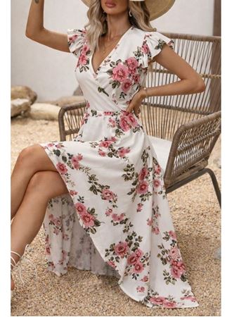 Kadın Kısa Kollu Kruvaze Yakalı önü Asimetrik Detaylı Uzun çiçek Desenli Süprem Elbise