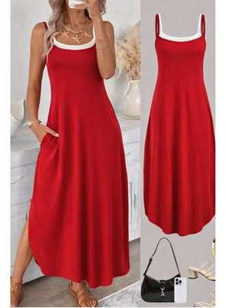 Kadın Ip Askılı Yuvarlak Yakalı Cepli Uzun Viskon Elbise