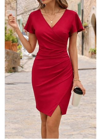 Kadın Uzun Kollu Volanlı Kruvaze Yaka Yanlardan Büzgülü Ithal Krep Elbise