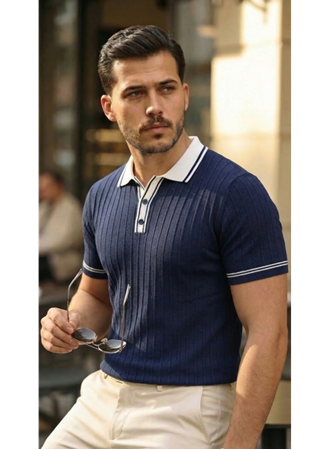 Erkek Düğme Yakalı Kontrast Yaka Triko Tişört