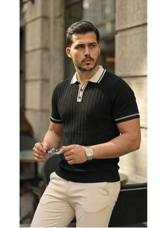 Erkek Düğme Yakalı Kontrast Yaka Triko Tişört