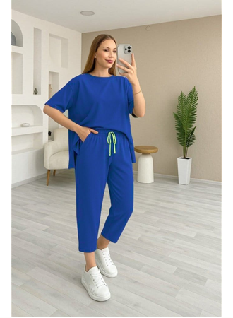 Kadın Kısa Kollu Bisiklet Yaka Viskon Iki Iplik Bluz Ve Pantolon Ikili Takım