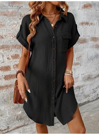 Kadın Kısa Kollu Yakalı önden Düğmeli Bürümcük Kısa Elbise