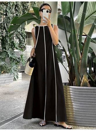 Kadın Omuzlardan Açık Yaka Ince şerit Detaylı Uzun Viskon Elbise