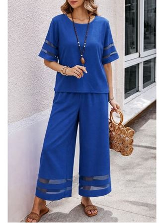 Kadın Kısa Kollu Bisiklet Yakalı Tül şerit Detaylı Bluz Ve Pantolon Ikili Takım