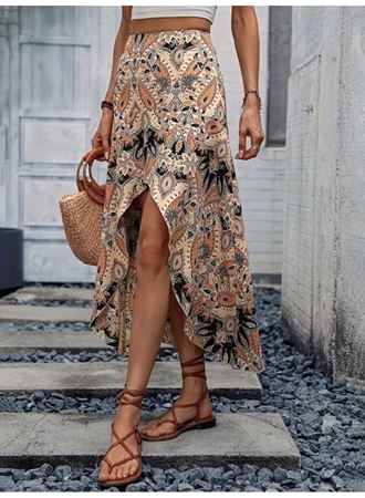 Kadın Yüksek Bel çiçek Desenli önü Asimetrik Detaylı Uzun Süprem Etek