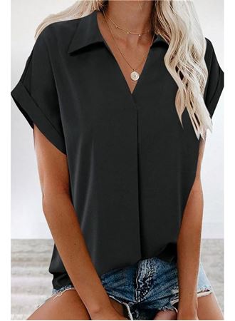 Kadın Kısa Kollu Yakalı Dokuma Viskon Bluz