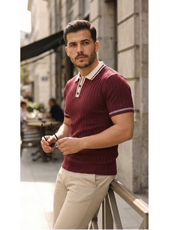 Erkek Düğme Yakalı Kontrast Yaka Triko Tişört