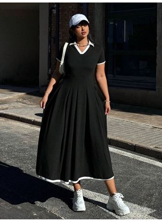 Kadın Kısa Kollu V Yakalı Pileli Uzun Janjan Krep Elbise