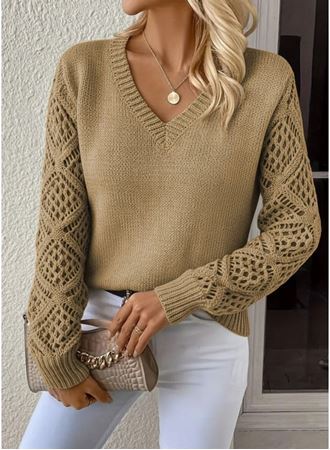 Kadın Uzun Kollu V Yaka Kol Delikli Baklava Desen Detaylı Triko Kazak
