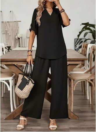 Kadın Kısa Kollu V Yakalı Aerobin Bluz Ve Pantolon Ikili Takım