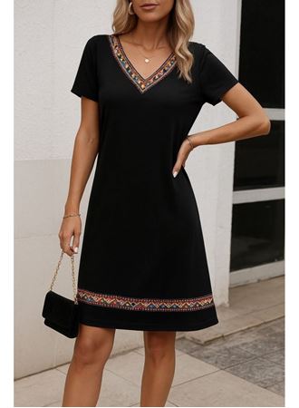Kadın Kısa Kollu V Yakalı Etnik Desen şerit Detaylı Viskon Elbise