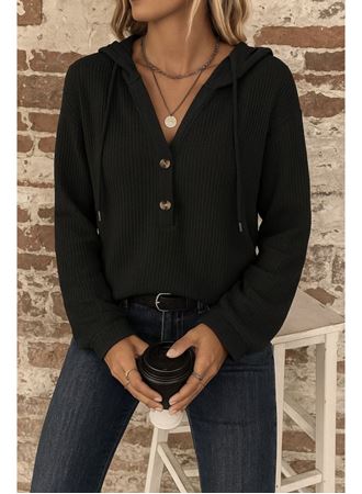 Kadın Uzun Kollu Kapşonlu önü Düğmeli Ve Bağcıklı Waffle Bluz