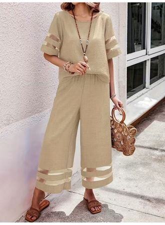 Kadın Kısa Kollu Bisiklet Yakalı Tül şerit Detaylı Bluz Ve Pantolon Ikili Takım