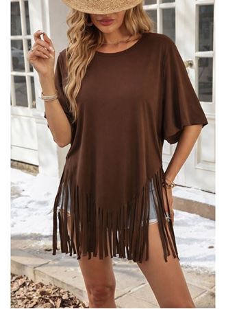 Kadın Kısa Kollu Bisiklet Yaka Püsküllü Viskon Bluz