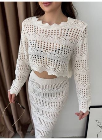 Kadın Uzun Kollu Kuş Gözü Transparan Detay Triko Bluz Ve Maxi Boy Etek Ikili Takım