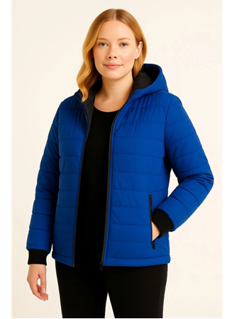 Şişme Kapüşonlu Fermuarlı Mont Su Itici Kapitone Astarlı Kumaş Cepli Kışlık Rahat Kalıp  - Saks Mavisi