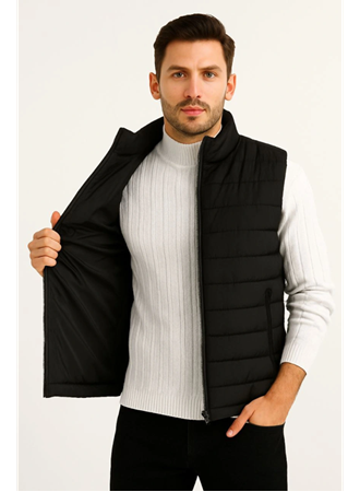 Erkek Şişme Fermuarlı Yelek Su Itici Kapitone Astarlı Kumaş Cepli Hafif Kışlık Spor Rahat Kalıp - Siyah