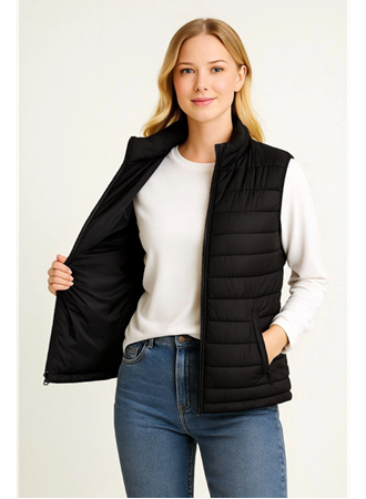 Şişme Fermuarlı Yelek Su Itici Kapitone Astarlı Kumaş Cepli Hafif Kışlık Spor Rahat Kalıp - Siyah