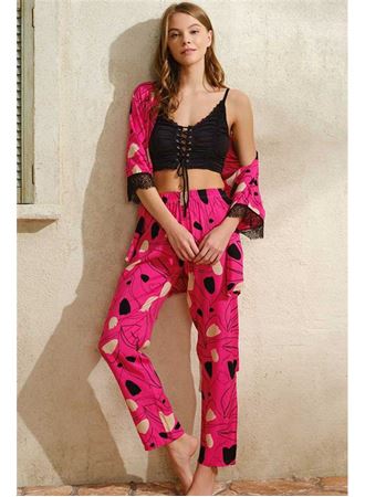 İp Askılı V Yaka Kadın Çiçek Desenli Yazlık Uzun İp Detaylı Pijama Altı Sabahlık Anıl 5756