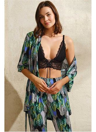 Kadın Viskon Yaprak Baskılı Sabahlık Balensiz Desteksiz Dolgusuz Dantelli Bralet Sütyen ve Pantolon Pijama 3'lü Takım (5748)