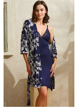 Kadın Viskon Çiçek Baskılı Sabahlık ve Dantelli Kısa Gecelik Takım (5707)