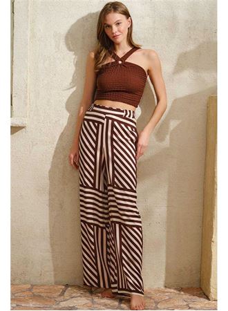 Boyundan Bağlamalı Kadın Çizgili Yazlık Uzun İp Detaylı Pijama Takımı Anıl 9815