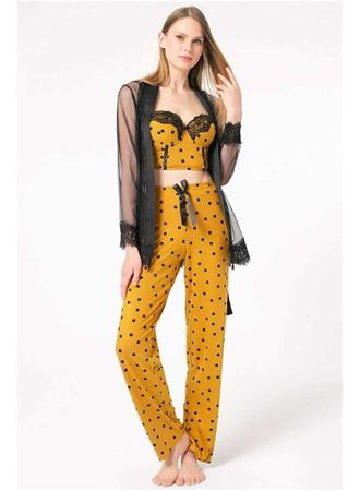 Kadın Tül Dantelli Sabahlık Balenli Destekli Dolgulu Puantiyeli Büstiyer Sütyen ve Pantolon Pijama 3'lü Takım (5667)