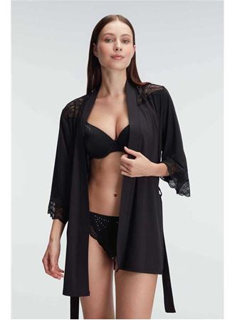 Kadın Dantelli Sabahlık Balenli Destekli Dolgulu Taşlı Sütyen ve String 3'lü Takım (4833)