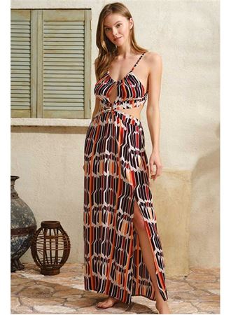 Boyundan Bağlamalı V Yaka Kadın Viskon Geometrik Yazlık İp Detaylı Elbise Anıl 5753