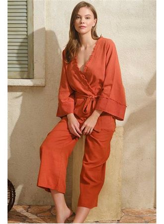 Kısa Kol V Yaka Kadın Cotton Düz Yazlık Kapri Bağlamalı Pijama Takımı Anıl 9821