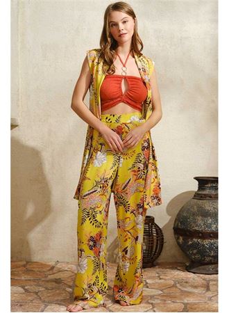 Boyundan Bağlamalı V Yaka Kadın Çiçek Desenli Yazlık Boncuk Detaylı Pijama Takımı Sabahlık Anıl 5754